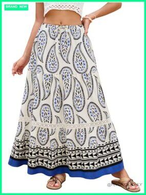 Boho Lace Trim Swing Tiered Maxi Skirt High Waisted A-Line Flowy Long Skirt